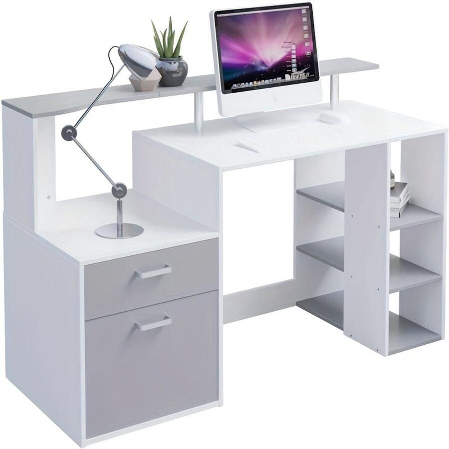 Corenia Computertafel – Bureau – Werkplek – Study Desk – Kantoormeubel – Met Geïntegreerde Boekenkast – Ruime Opbergladen – Modern Metaal en Hout – Wit Grijs