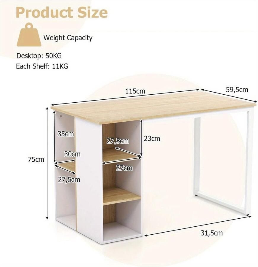 Corenia Computertafel – Bureau – Werktafel – Thuiskantoor Tafel – Studie Bureau – Natuurlijk Hout – 115 x 59 5 cm – Verstelbare Poten