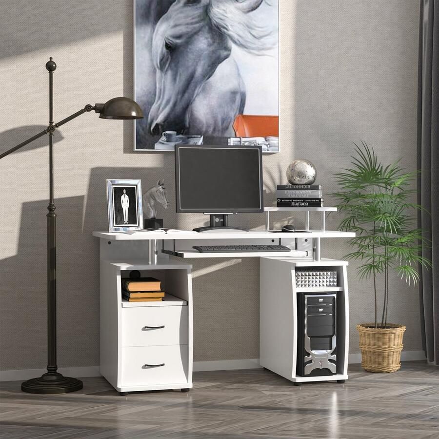 Corenia Computertafel – Computerbureau – Bureautafel – Werktafel – Bureau – Wit hout – Ergonomisch ontwerp – Ruime opbergruimte – 120x55x85 cm