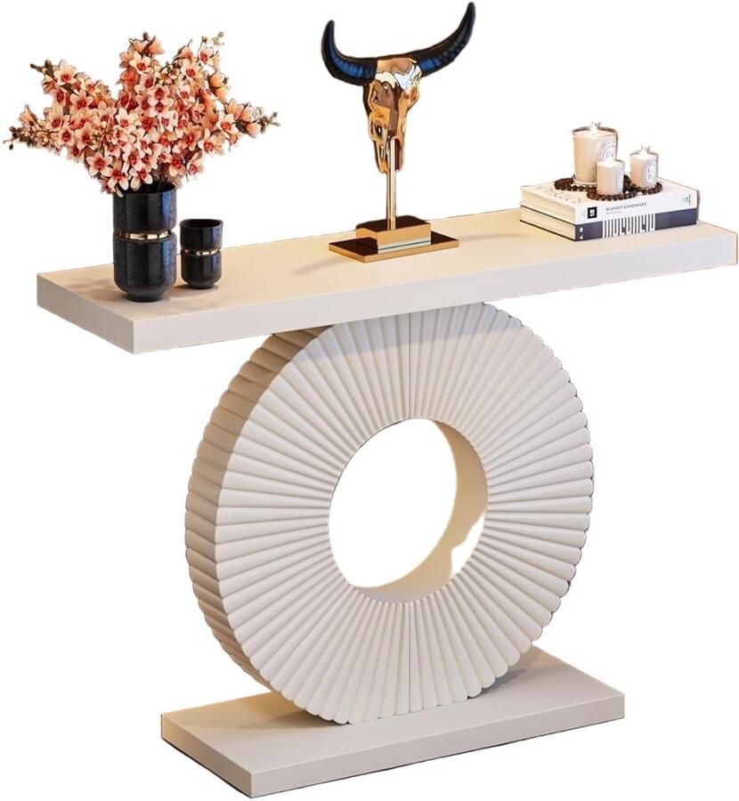 Corenia Console Tafel – Sidetable – Haltafel – Bijzettafel – Smalle Tafel – Wit – Bloemvormige Geometrische Basis – Gefineerd Hout – 100x30x78 cm – Draagkracht 81 65 kg