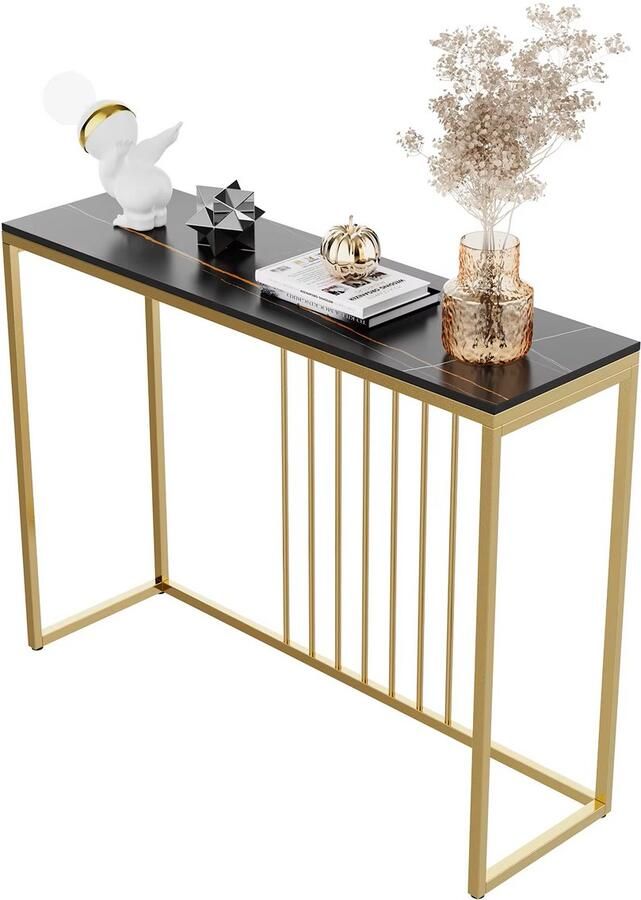 Corenia Consoletafel Haltafel Moderne & Minimalistisch Consoletafel – Marmeren Look – Smalle Haltafel met Gouden Metaal Frame – Luxe Bijzettafel voor Woonkamer Gang Entree 100x30x78.5cm Zwart
