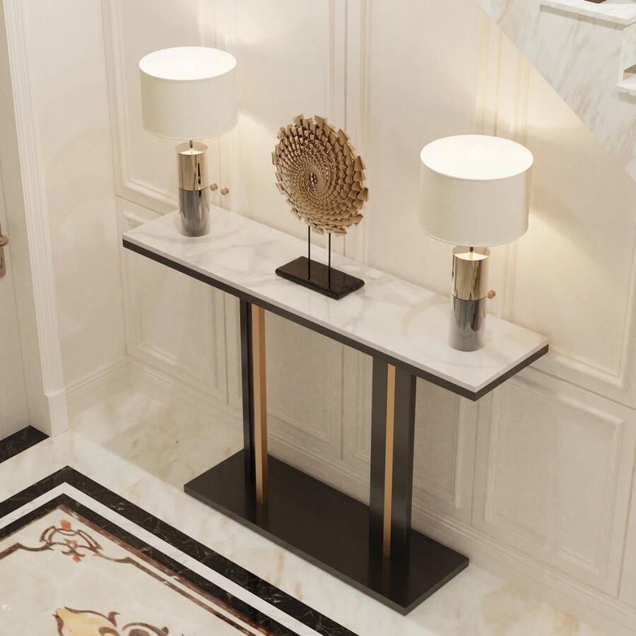 Consoletafel Wandtafel Haltafel Sidetafel Moderne Stijl met Rastervormige Metalen Voet Moderne Hedendaagse Stijl 118 x 30 x 78cm Wit