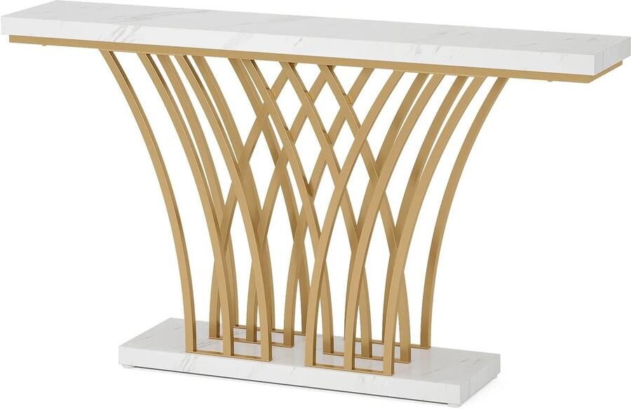 Consoletafel Wandtafel Haltafel Sidetafel Moderne Stijl met Rastervormige Metalen Voet Stevig Metalen Frame voor Entree Hal Woonkamer Staal 30 x 150 x 80 cm Wit & Goud