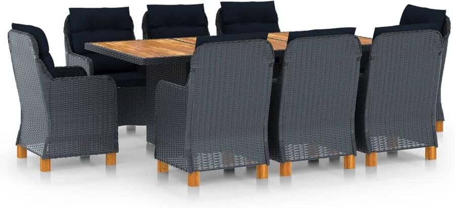 Corenia Dining Set – Tuinset – Bistroset – Buitenmeubelset – Terrasmeubels – Set van 8 Stoelen Donkergrijs en Bruin – Weerbestendig PE Rattan – Massief Houten Tafelblad