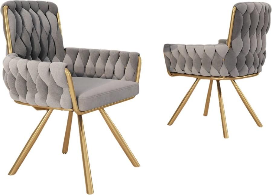 Corenia Draaibare Eetkamerstoelen – Set van 2 Velours Stoelen – Comfortabele Stoelen – Luxe Fauteuils – 360° Draaibaar – Metalen Frame Grijs