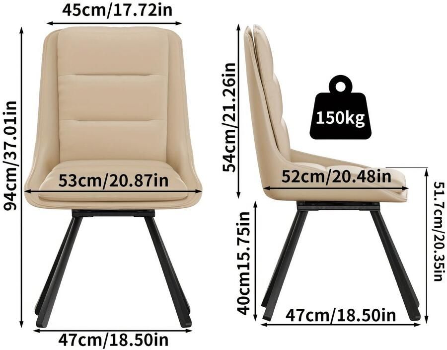 Corenia Draaistoel – Eetkamerstoel – Stoel – Bureaustoel – Kuipstoel – 360° Draaibaar – Licht Kaki Microvezelstoffering – Set van 2 – 47x47x94 cm