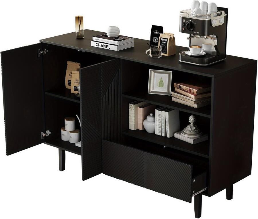 Corenia Dressoir – Opbergkast – Buffettafel – TV-meubel – Kast – Mat Zwart – Geometrisch Reliëf – 125x40x86 cm – Stevige Spaanplaat