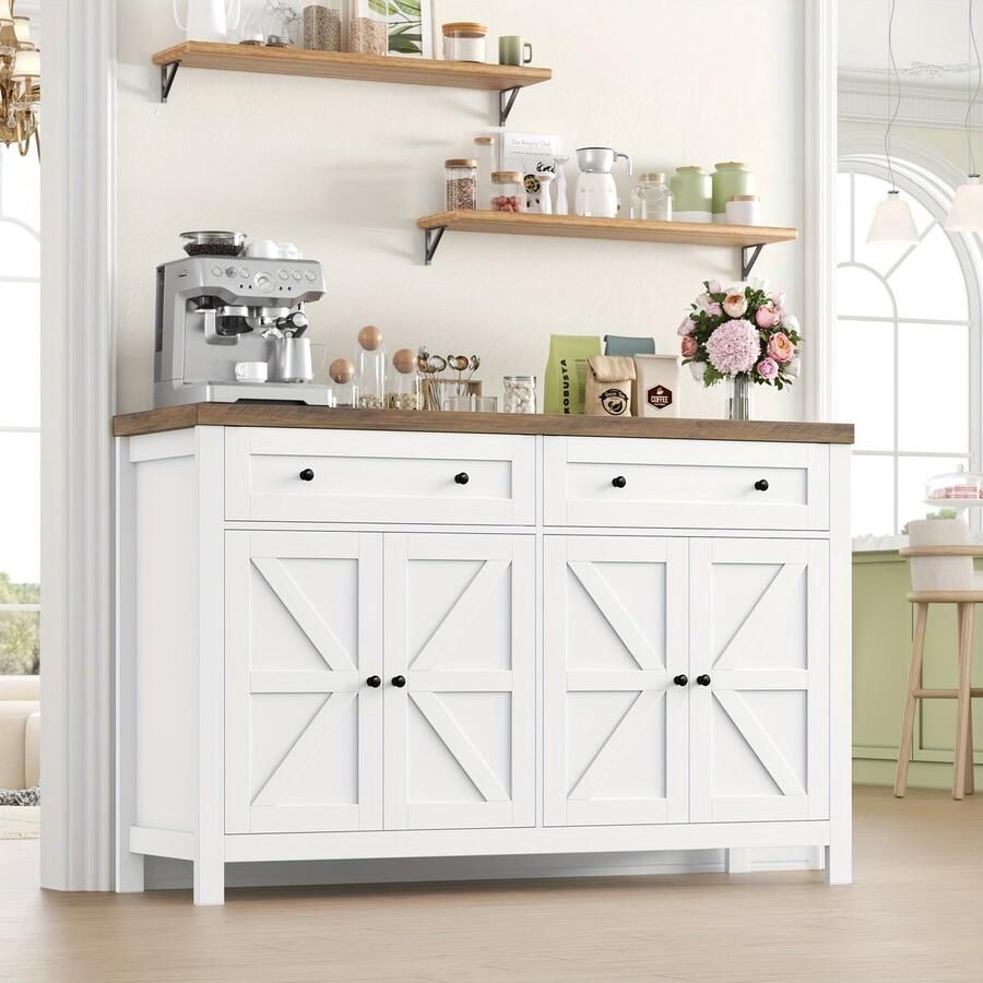 Corenia Dressoir – Sideboard – Buffetkast – Opbergkast – Keukenkast – 140 cm breed – Verstelbare plank – Wit frame met bruin houten blad