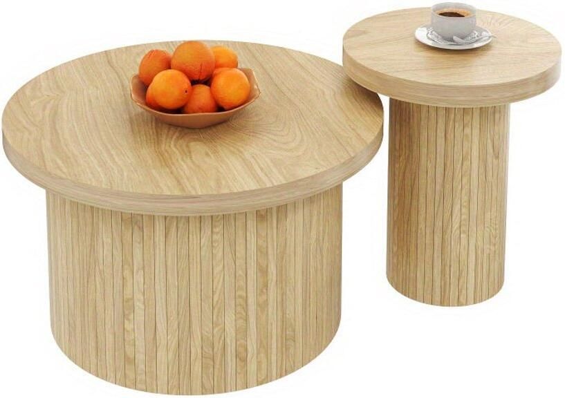 Corenia Dubbele Ronde Salontafels – Salontafel Set – Bijzettafel – Side Table – Woonkamertafel – Ruimtebesparend Ontwerp – Houtlook Metalen Frame