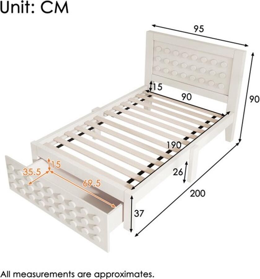 Eénpersoonsbed – Eenpersoonsbed – Kinderbed – Jongerenbed – Studentenkamerbed – Wit MDF Bedframe – Opbergruimte Onder Bed – Lattenbodem Zonder Boxspring – 90x190 cm - Foto 2