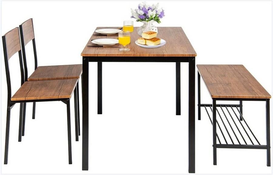 Corenia Eethoek 4 Personen – Eettafel Set – Eetkamerset – Tafel en Stoelen – Bank – Industrieel Design – Duurzaam MDF Hout – Ruime Opbergruimte