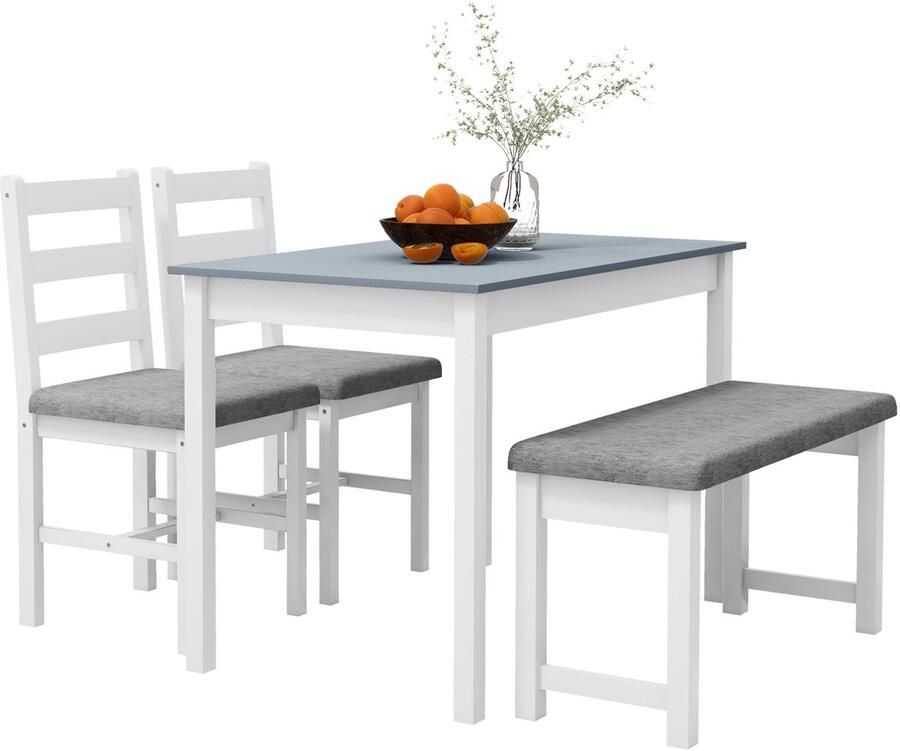 Corenia Eetkamer Set – Eettafel Set – Tafel Met Stoelen – Bankje – 4-Delige Set – Massief Grenenhout – Ademend Linnenlook Bekleding – Modern Ruimtebesparend Design – Grijs Wit