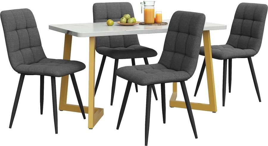 Corenia Eetkamerset – Eettafelset – Eetkamertafel Met Stoelen – Compacte Eethoek – Marmerlook Tafel – Linnen Beklede Stoelen Donkergrijs