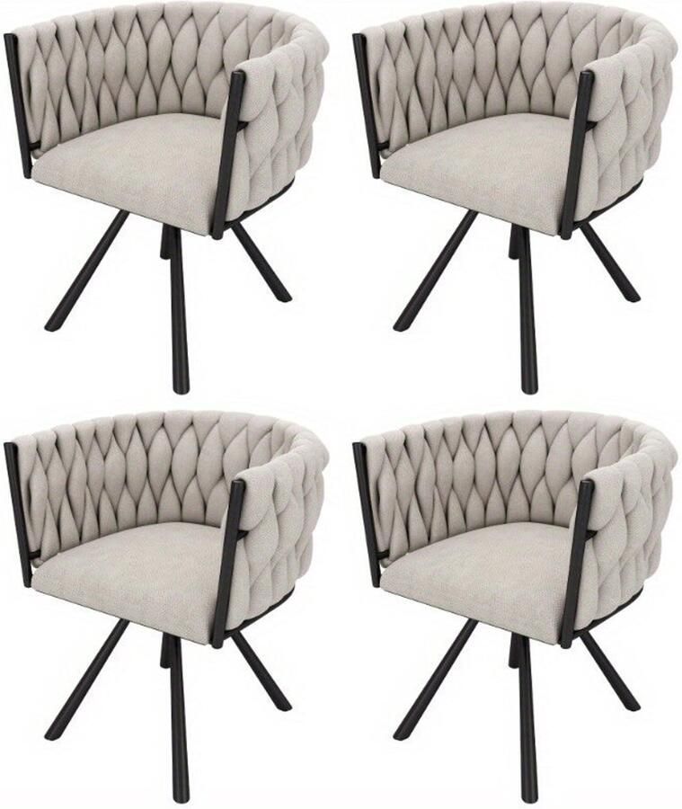 Corenia Eetkamerstoel – Bureaustoel – Draaifauteuil – Stoelenset – Linnen Bekleding – Licht Beige – Zwarte Metalen Poten – Draaibaar – Compact Formaat