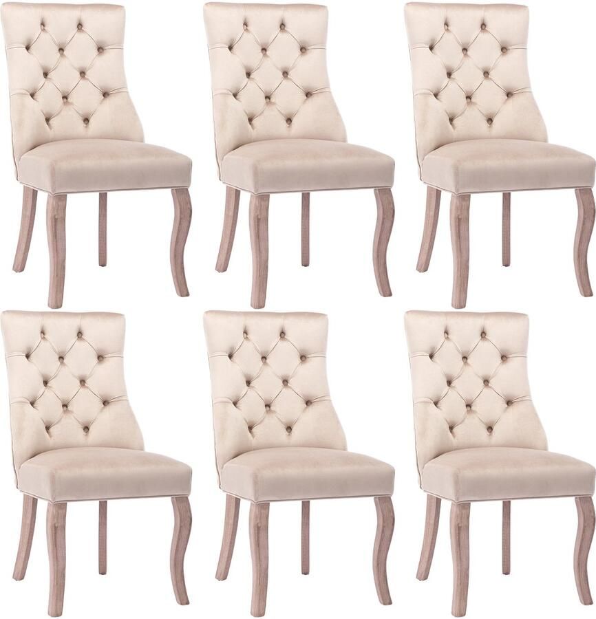 Corenia Eetkamerstoel – Fluwelen Stoel – Comfortabele Stoel – Hoge Rugleuning – Massief Rubberhout – Draagvermogen 150 Kg – Zachte Schuimlaag 6 Stuks Beige