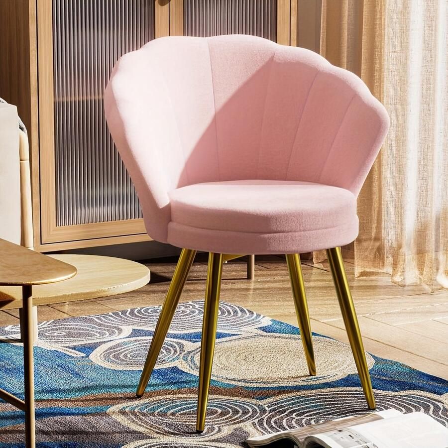 Corenia Eetkamerstoel – Keukenstoel – Loungestoel – Kuipstoel – Make-up Krukje – Roze Fluwelen Bekleding – Ergonomisch Design – Metalen Gouden Poten
