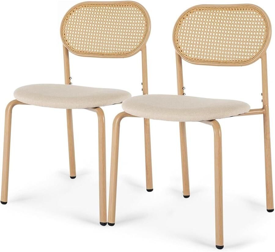 Corenia Eetkamerstoel – Keukenstoel – Stoel – Kuipstoel – Meubel – Houtlook Met Rattan Rugleuning – Velvet Zitting – Metalen Frame – Max. 150 kg