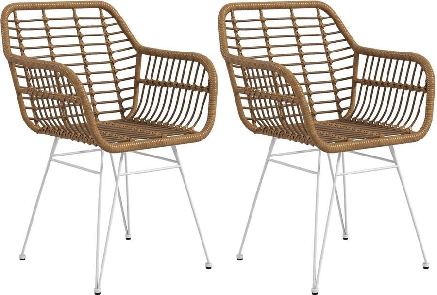 Corenia Eetkamerstoel – Keukenstoel – Stoel – Kuipstoel – Rattan Look – Set van 2 – Met Rugleuning – Metaal Frame – Lichtbruin Wit – 56x60x79 cm