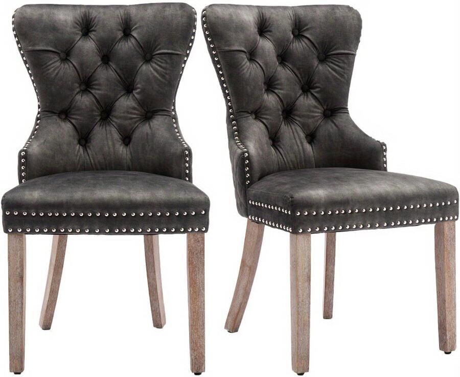 Corenia Eetkamerstoel – Keukenstoel – Woonkamerstoel – Stoelenset – Velvet Stoel – Set Van 2 – Grijze Velvet Bekleding – Massief Houten Poten Met Unieke Deurknop