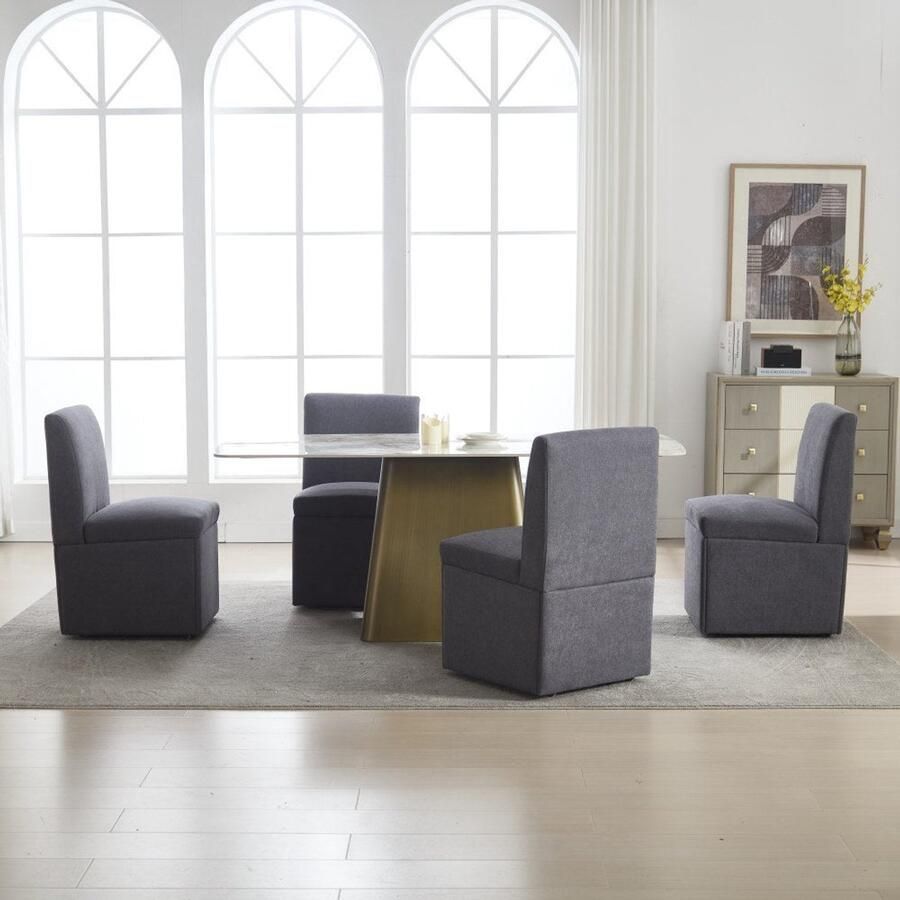 Corenia Eetkamerstoel – Kuipstoel – Armstoel – Keukenstoel – Stoel met Wieltjes – Gewatteerd – Draaibaar – Opbergruimte – Linnen Donkergrijs