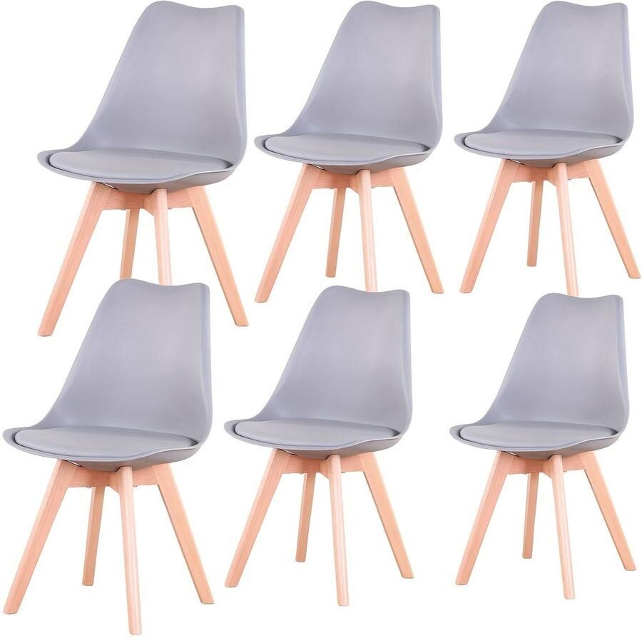 Corenia Eetkamerstoel – Kuipstoel – Keukenstoel – Stoelset – Woonkamerstoel – Ergonomisch Design – Beukenhouten Poten – Grijs Kunststof Zitvlak – Set Van 6 – Onderhoudsvriendelijk – Geen Montage Nodig