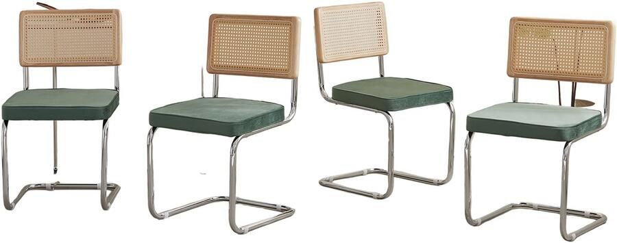 Corenia Eetkamerstoel – Kuipstoel – Stoel – Keukenstoel – Set van 4 – Fluwelen Bekleding – Chromen Poten – Handgevlochten Rattan Rugleuning – Comfortabele Sponsvulling – Mid-Century Modern Design