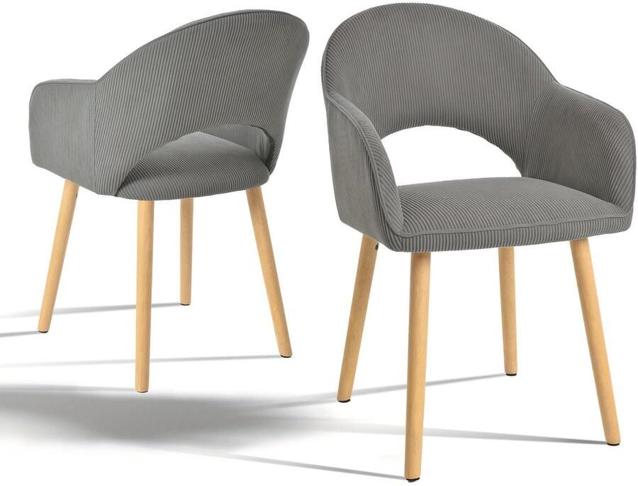 Corenia Eetkamerstoel – Lounge Stoel – Bureaustoel – Armstoel – Set van 2 – Corduroy Donkergrijs – Halfmaan Open Rugleuning – Massief Houten Poten