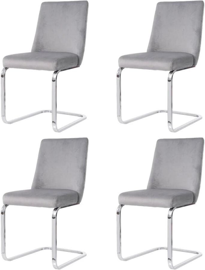 Corenia Eetkamerstoel – Set Van 4 Velours Woonkamerstoel – Comfortabele Fauteuil – Lounge Stoel – Zacht Gewatteerd Zitvlak – Zilver Metalen Pootjes Grijs