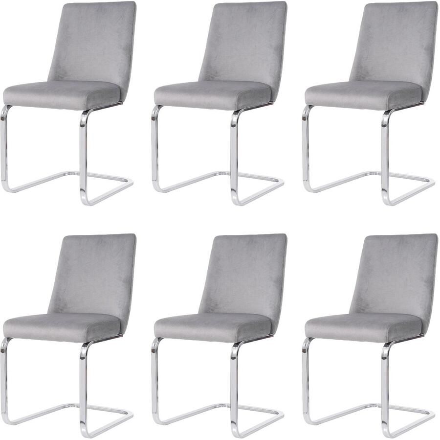Corenia Eetkamerstoel – Set Van 6 Velours Woonkamerstoel – Comfortabele Fauteuil – Lounge Stoel – Zacht Gewatteerd Zitvlak – Zilver Metalen Pootjes Grijs