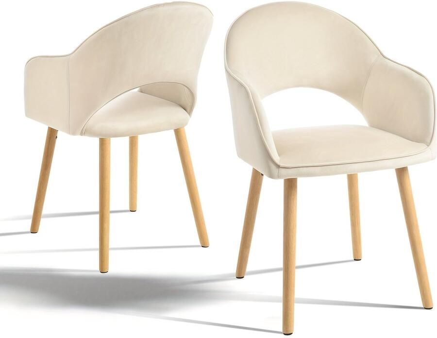 Corenia Eetkamerstoel – Stoel – Armstoel – Designstoel – Zithoekstoel – Set Van 2 Beige Fleece – Halfmaan Rugleuning – Stevige Houten Poten