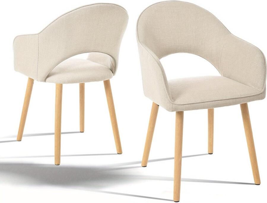 Corenia Eetkamerstoel – Stoel – Armstoel – Loungestoel – Zithoekstoel – Set van 2 Beige Polyester – Open Rugleuning met Halve Maan – Stevige Houten Poten