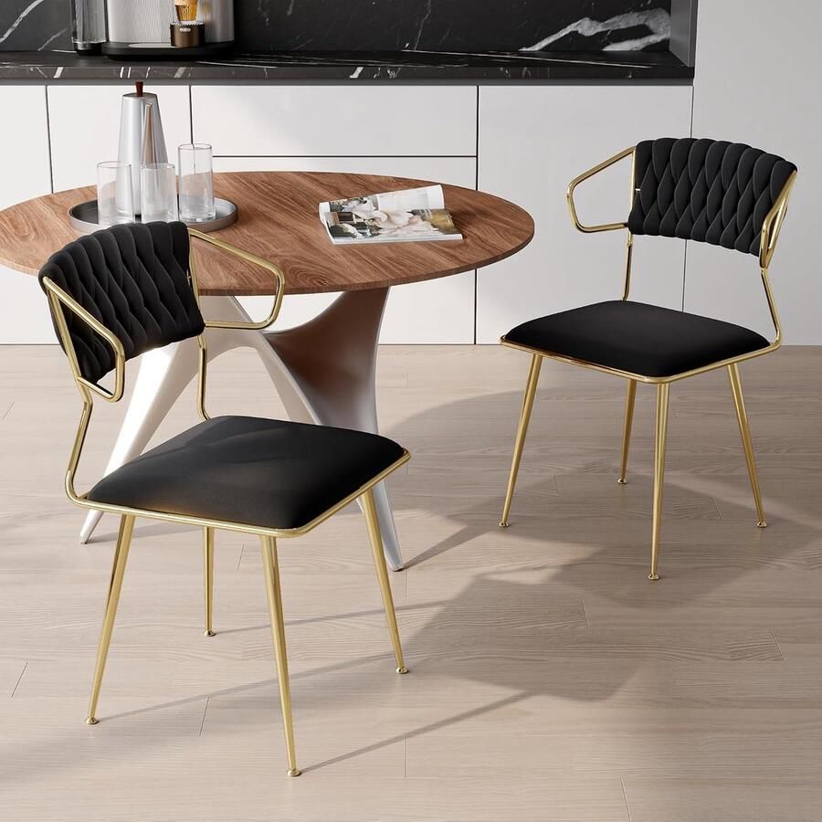 Corenia Eetkamerstoel – Stoel – Kuipstoel – Keukenstoel – Dining Chair – Fluwelen Bekleding – Gouden Metalen Poten – Set van 2
