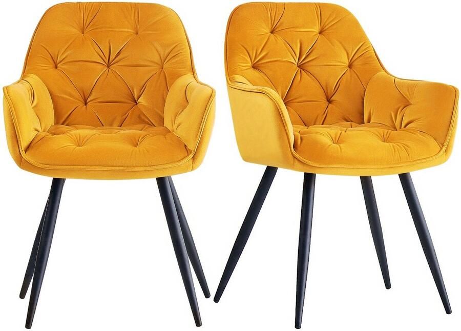 Corenia Eetkamerstoel – Stoel – Dining Chair – Zaalstoel – Fauteuil – Gele Fluwelen Bekleding – Stevig Houten Frame – Comfortabel Dikke Zitting