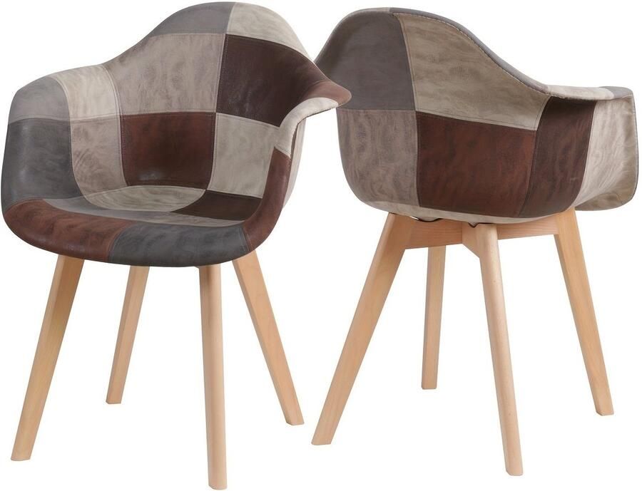 Corenia Eetkamerstoel – Stoel – Kuipstoel – Armstoel – Draaistoel – Set van 2 – Ergonomisch Design – Houten Poten – Patchwork Ruitmotief Bruin & Beige