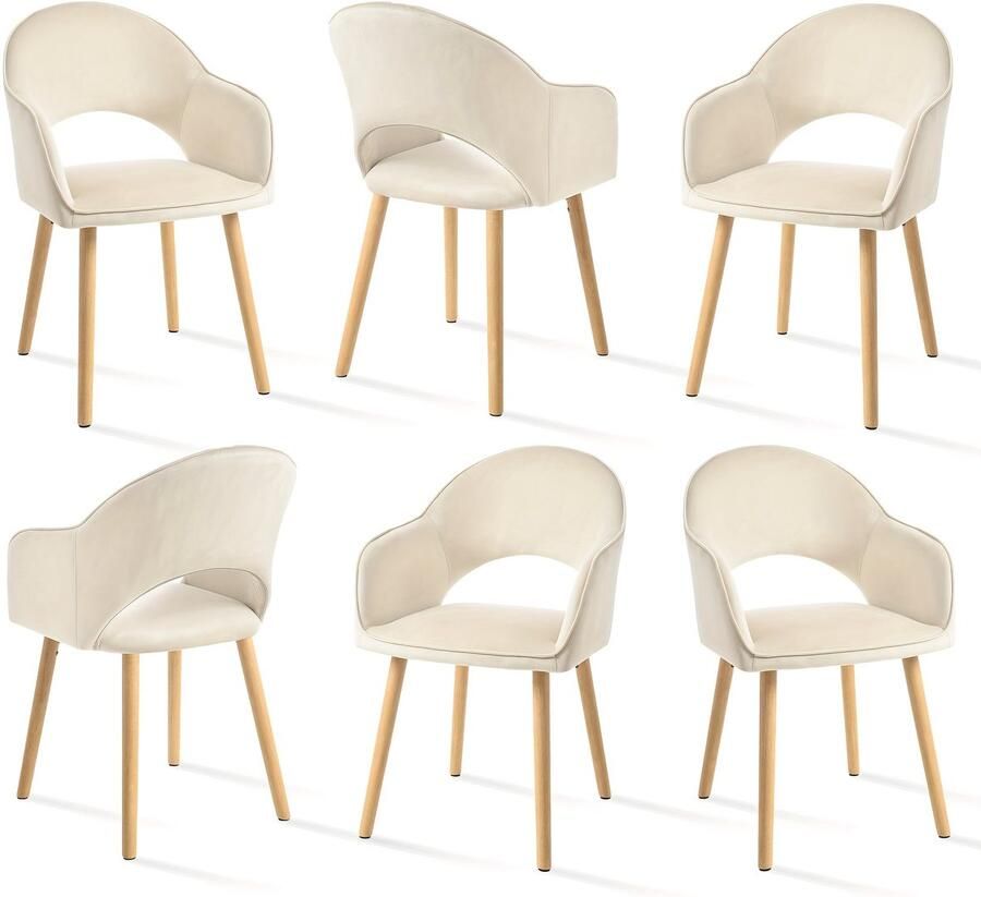 Corenia Eetkamerstoel – Stoel – Kuipstoel – Bureaustoel – Lounge Stoel – Halvemaan Open Rug – Massief Houten Poot – Beige Fleece Bekleding