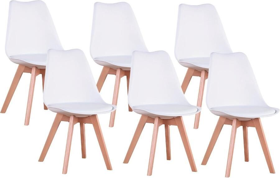 Corenia Eetkamerstoel – Stoel – Kuipstoel – Keukenstoel – Bureaustoel – Set van 6 – Beukenhouten Poten – Wit Gestoffeerd Kussen