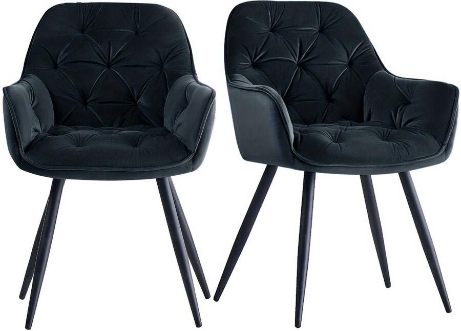 Corenia Eetkamerstoel – Stoel – Zitstoel – Armstoel – Lounge Stoel – Zwart – Dik Fluwelen Zitkussen – Stevig Metalen Onderstel