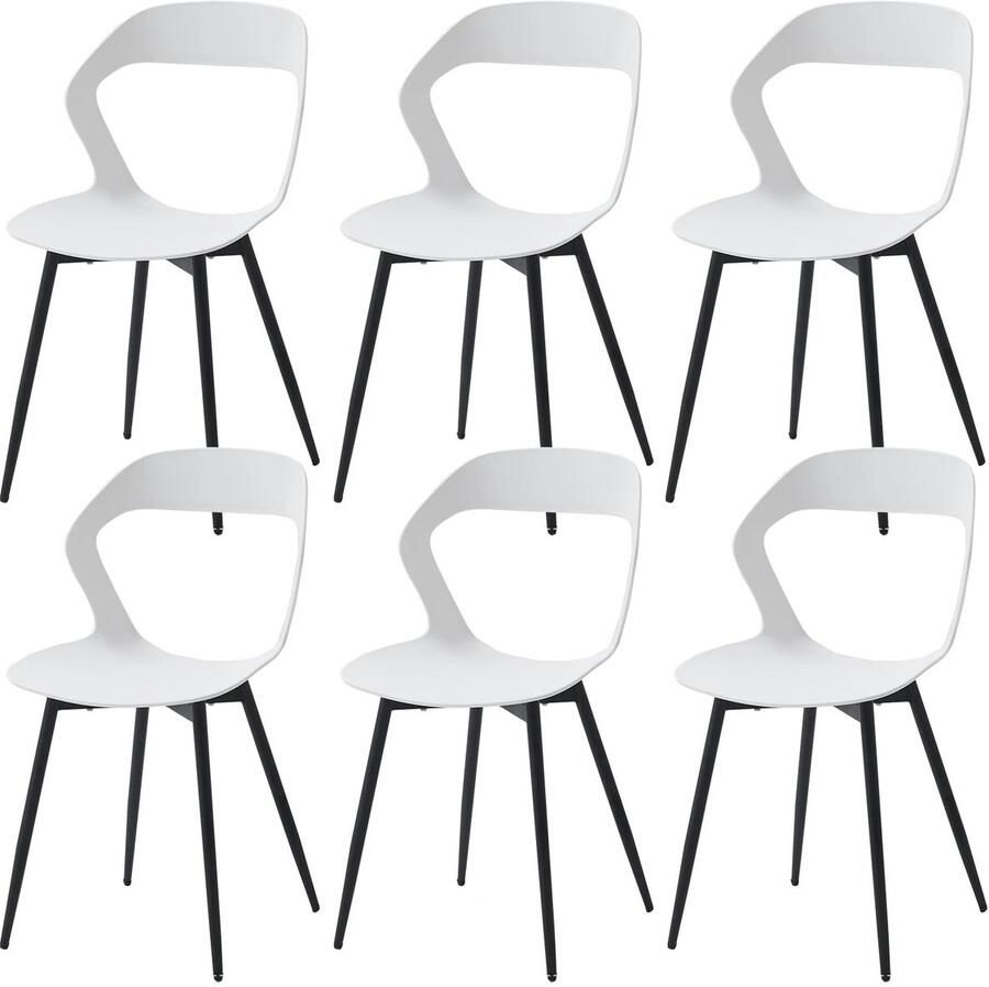Corenia Eetkamerstoelen Set van 6 Koffiestoel Moderne Kunststof Zitting Metalen Poten Rugleuning – Minimalistisch Design – Wit