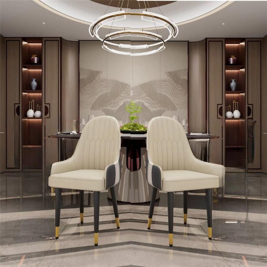 Corenia Eetkamerstoelen Eetstoelen Set van 2 Eetkamerstoelen – Faux Lederen Design – Mid-Century Barstoelen – Houten Poten – Comfortabele Bekleding – Voor Keuken Eetkamer Woonkamer 52x49x90cm Crèmewit en Grijs