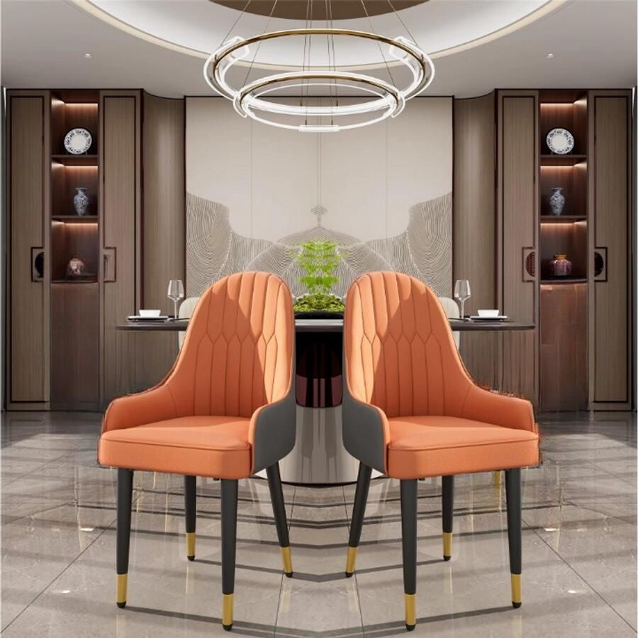 Corenia Eetkamerstoelen Eetstoelen Set van 2 Eetkamerstoelen – Faux Lederen Design – Mid-Century Barstoelen – Houten Poten – Comfortabele Bekleding – Voor Keuken Eetkamer Woonkamer 52x49x90cm Oranje en Grijs