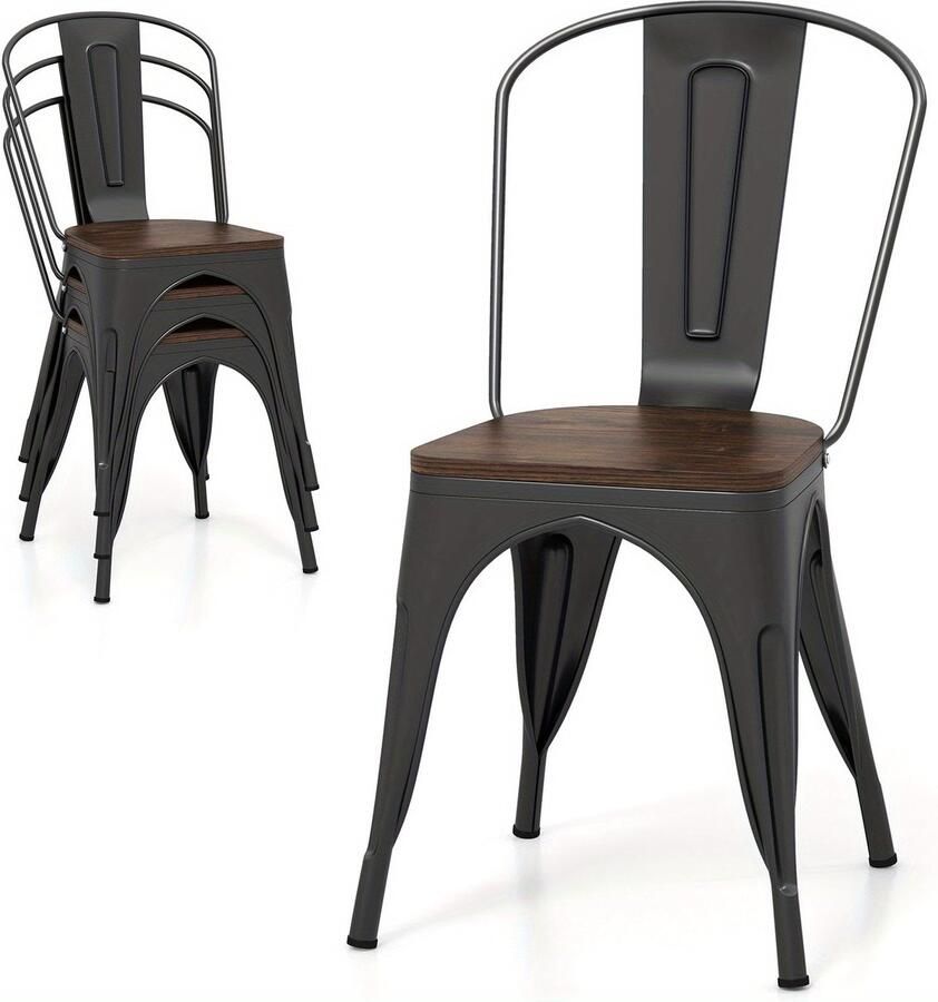 Corenia Eetkamerstoelen – Keukenstoelen – Stapelbare Stoelen – Metalen Stoelen – Houten Zitvlak – Set Van 4 – Afneembare Rugleuning – Ruimtebesparend Design – Bruin