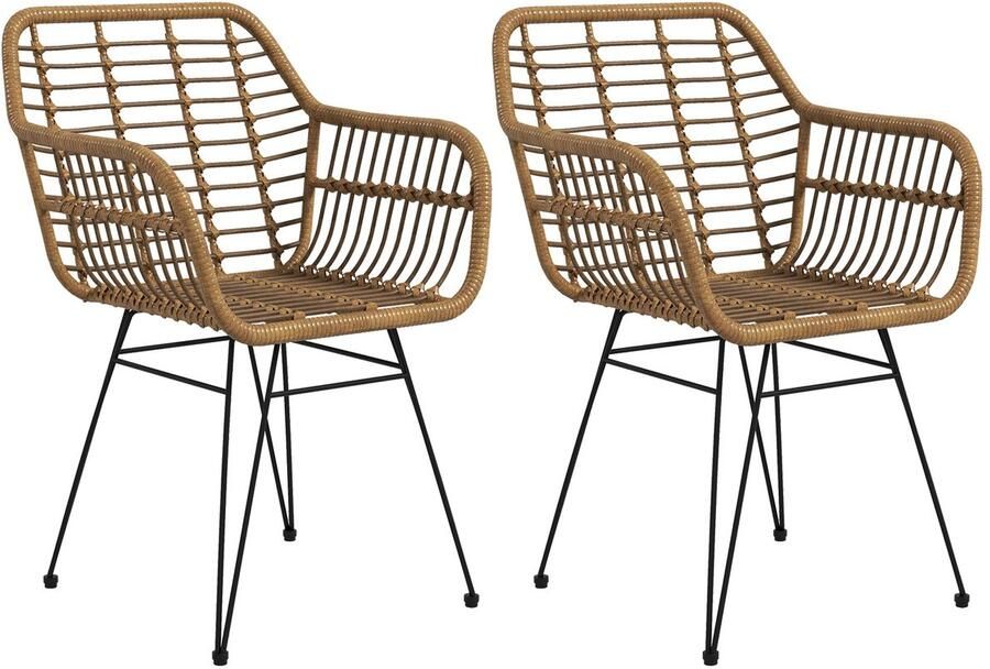 Corenia Eetkamerstoelen – Keukenstoelen – Stoelen Set – Woonkamerstoelen – Balkonstoelen – Lichtbruin Polyrattan – Zwarte Stalen Poten – Ergonomisch Design – Anti-slip Voetendoppen