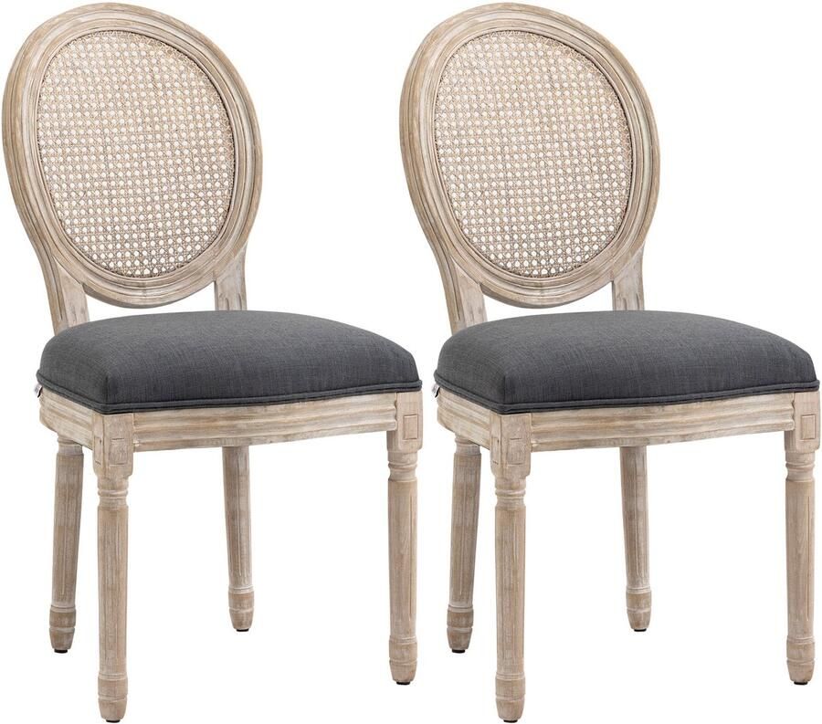 Corenia Eetkamerstoelen – Keukenstoelen – Stoelenset – Rattan Stoelen – Linnen Stoelen – Grijs – Comfortabele Bekleding – Massief Houten Poten