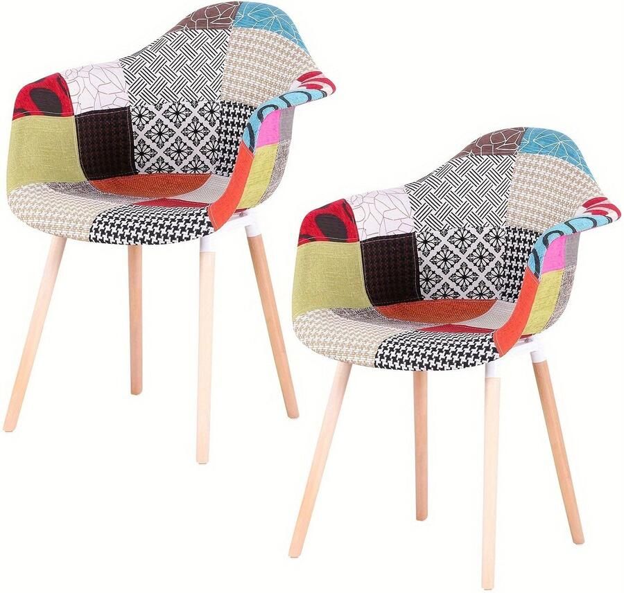 Corenia Eetkamerstoelen Set van 2 – Stoelen – Dining Chairs – Scandinavische Stoelen – Vintage Stoelen – Ergonomische Rugleuning – Beukenhouten Poten – Patchwork Linnen Stof – Stevige Kruisvoetconstructie – Compact Ontwerp – Rood