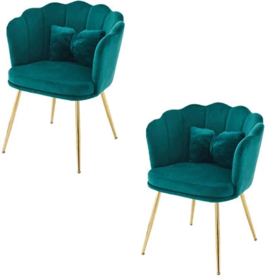 Corenia Eetkamerstoelen – Set van 2 Velours Stoel – Lounge Stoel – Fluwelen Fauteuil – Design Fauteuil – Bloembladdesign – Ergonomisch Zitcomfort – Vergulde Metalen Poten Blauwgroen