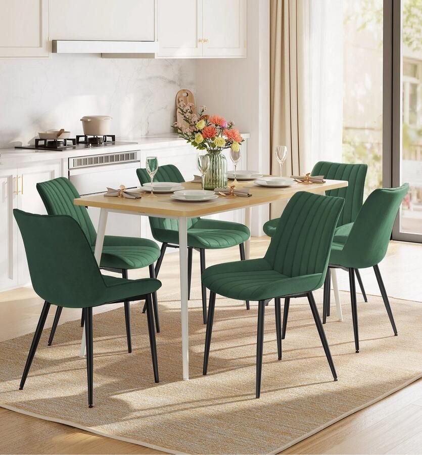 Corenia Eetkamerstoelen – Set van 6 Gestoffeerde Stoelen – Stoelen Set – Comfortabele Stoelen – Met Zachte Schuimvulling – Verstelbare Voeten Groen