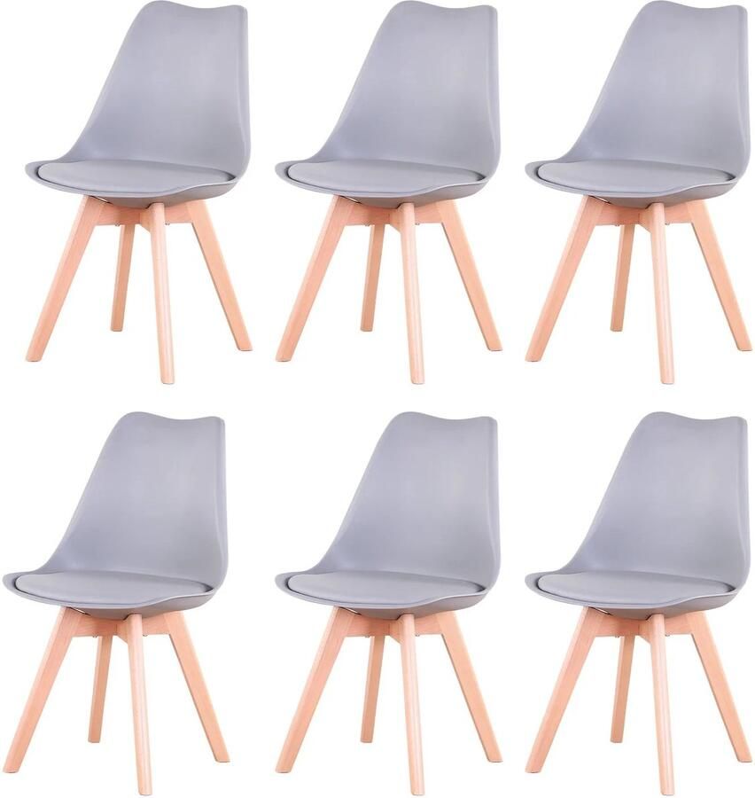 Corenia Eetkamerstoelen Set Van 6 Stoelen voor Woonkamer Keuken Restaurant PU Leren Zitting Beukenhouten Poten Ergonomisch Grijs