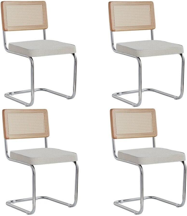 Corenia Eetkamerstoelen – Stoelen – Dining Chairs – Keukenstoelen – Zitmeubels – Wit Fluweel – Chroom Metalen Poten – Comfortabele Zitting – Handgeweven Rotan Rugleuning