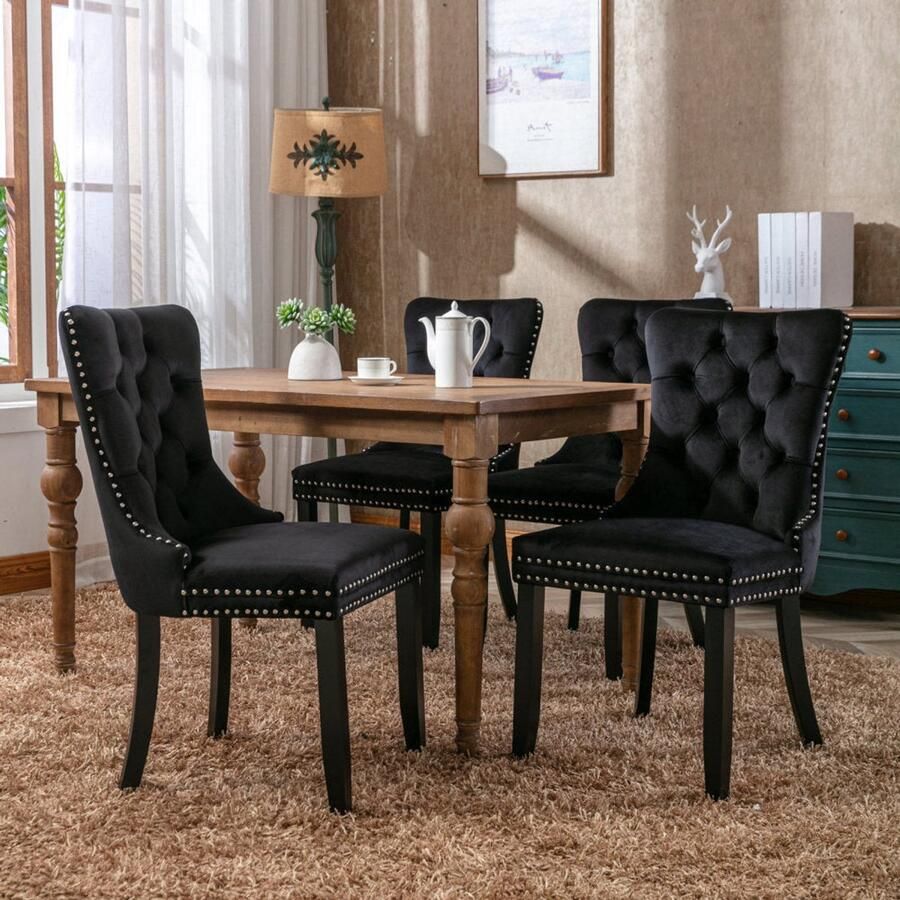 Corenia Eetkamerstoelen – Stoelen – Dining Chairs – Kuipstoelen – Design Stoelen – Set van 2 Zwarte Fluwelen Stoelen – Verstelbare Poten – Hoogwaardige Kussen Met Stalen Veer