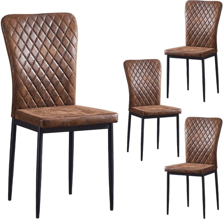 Corenia Eetkamerstoelen – Stoelen – Dining Chairs – Zwarte Poten – Armless – Bruin – Velvet & Kunstleer – Ergonomisch Ontwerp – Stevig Metalen Frame